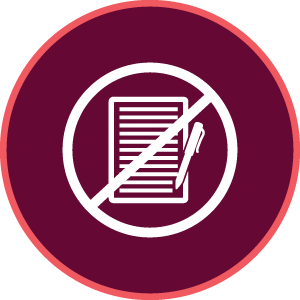 A maroon icon with a pen and paper in a cancel circle with a line through it.