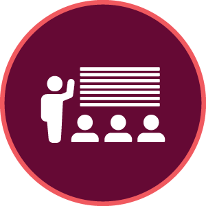 maroon icon with graphic of professor lecturing a class