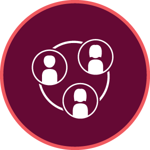 maroon icon with a graphic of interconnected people