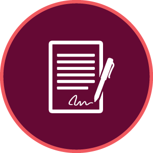 maroon icon with a graphic of a piece of paper being signed