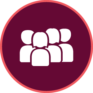 Maroon icon with four people, two with long hair, two with short hair,silhouettes