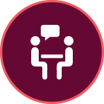 maroon icon with a people sitting and speaking graphic