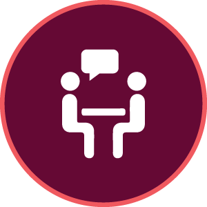maroon icon with a people sitting and speaking graphic