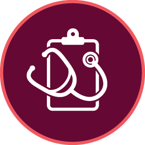 maroon icon with a clipboard and stethoscope icon
