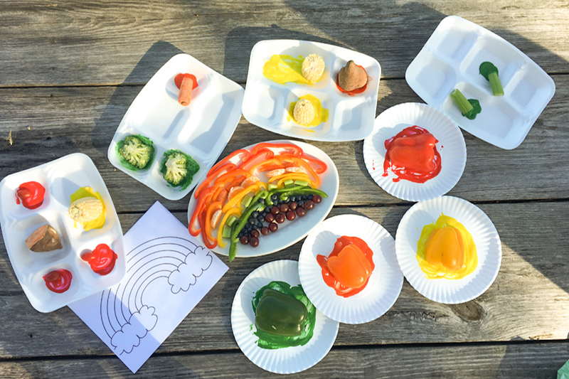 A picture of white platters with healthy foods in rainbow colors from Meredith College’s nutrition program’s photo gallery.