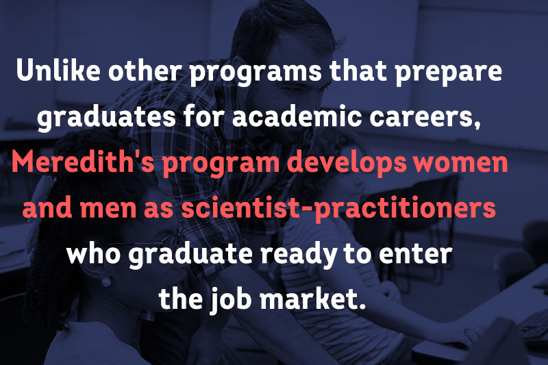 Unlike other programs that prepare graduates for academic careers, Meredith's program develops women and men as scientist practitioners who graduate ready to enter the job market.