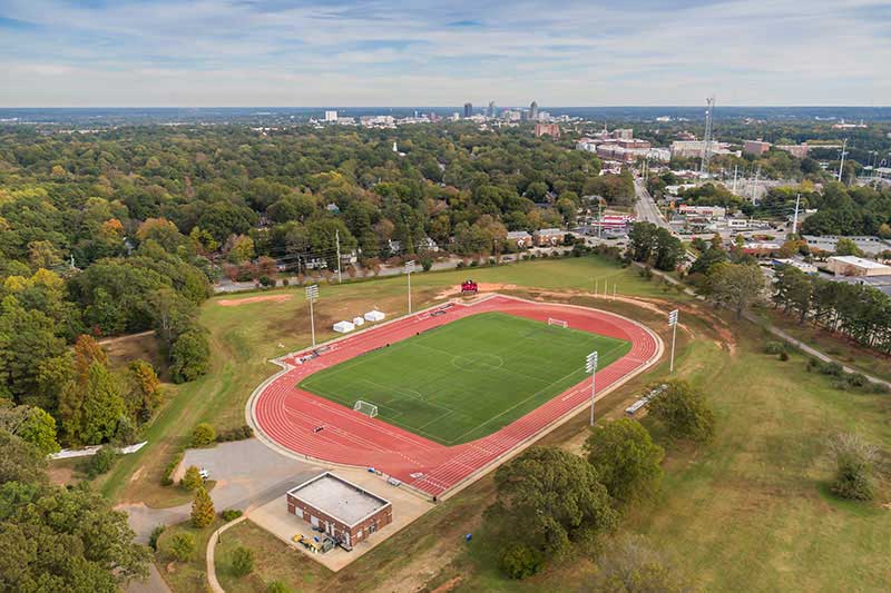 An aerial photo of the Meredith Athletic Field and Track Complex