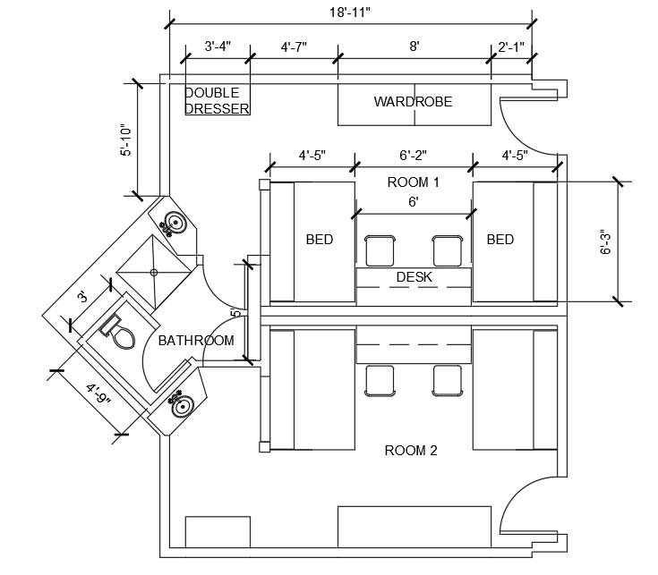 Floor plan of two heilman dorm rooms.