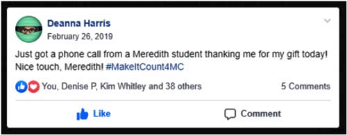 Social Media post from Alum who was thanked for her gift