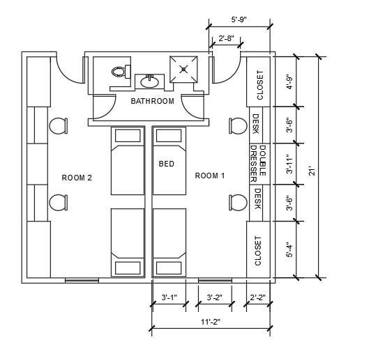Floor plan of two poteat dorm rooms.