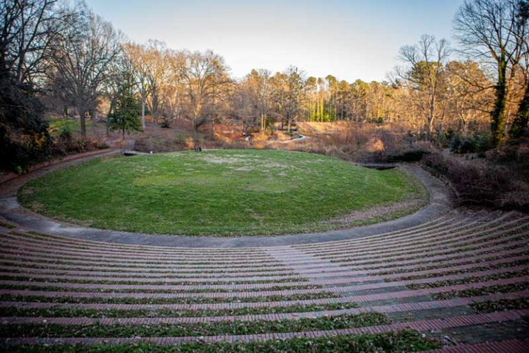 Image looking down on the ampitheatre at Meredith with the lake being renovated in the background.