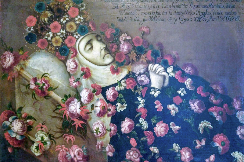 Artwork of a person from old times lying dead surrounded by flowers.