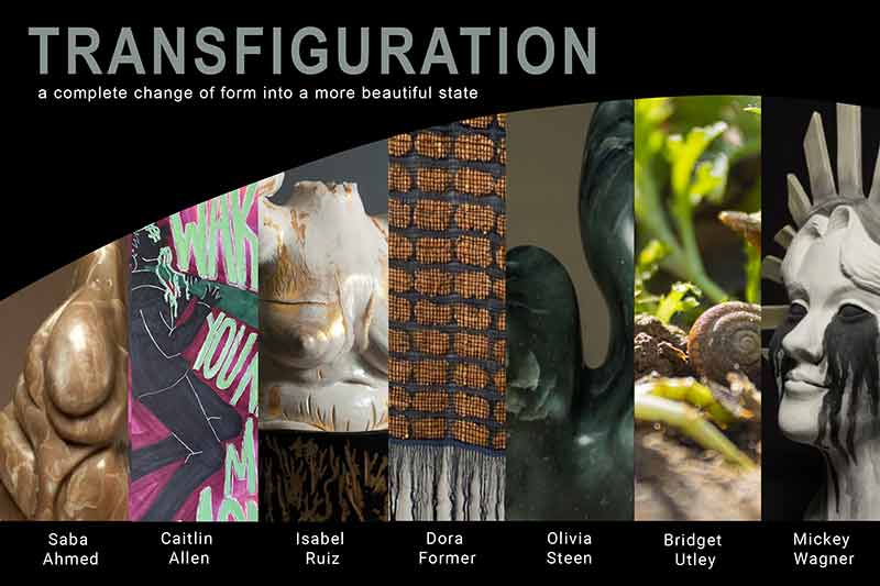 Banner ad for the Transfiguration gallery with six snippets depicting each artists work from sculpture to photography to paint and to fabrics.