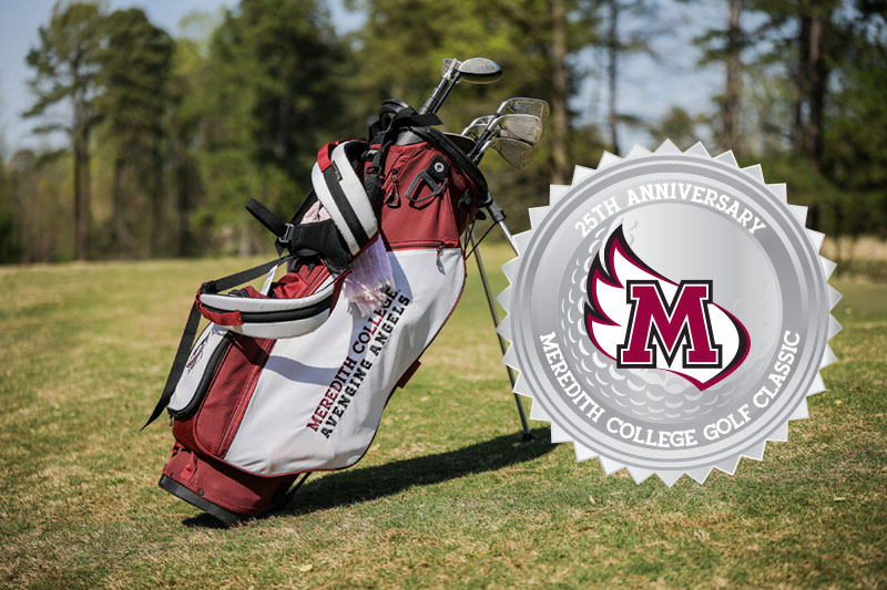 Golf bag on the green with Meredith Golf Classic logo