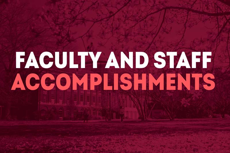 Johnson Hall with a maroon overlay and text that reads Faculty and Staff Accomplishments.