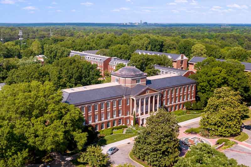Aerial image of Johnson Hall and Meredith's campus