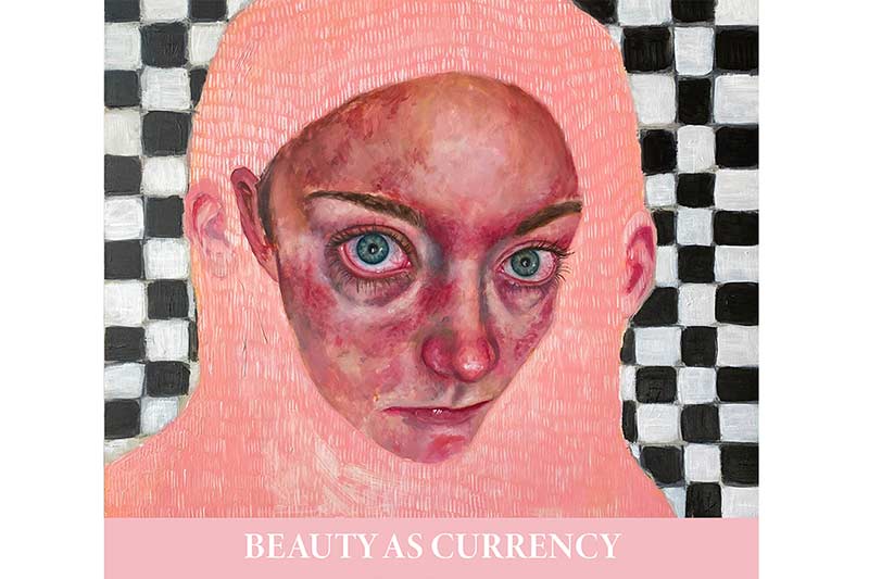 A closeup of someone's face, a bit distorted, wihth a checkered background and the title "Beauty as currency".