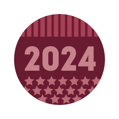 A circular button in the style of "VOTE" buttons that has stars and stripes in maroon and says 2024.